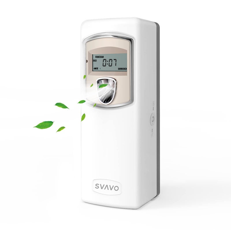 SVAVO جهاز توزيع العطر الأوتوماتيكي SVAVO بشاشة LCD - مثبت على الحائط/قائم بذاته، جهاز معطر هواء ABS قابل للبرمجة، موزع رذاذ عطر للحمام، الفندق، المكتب، الأماكن التجارية، أبيض - Image 1